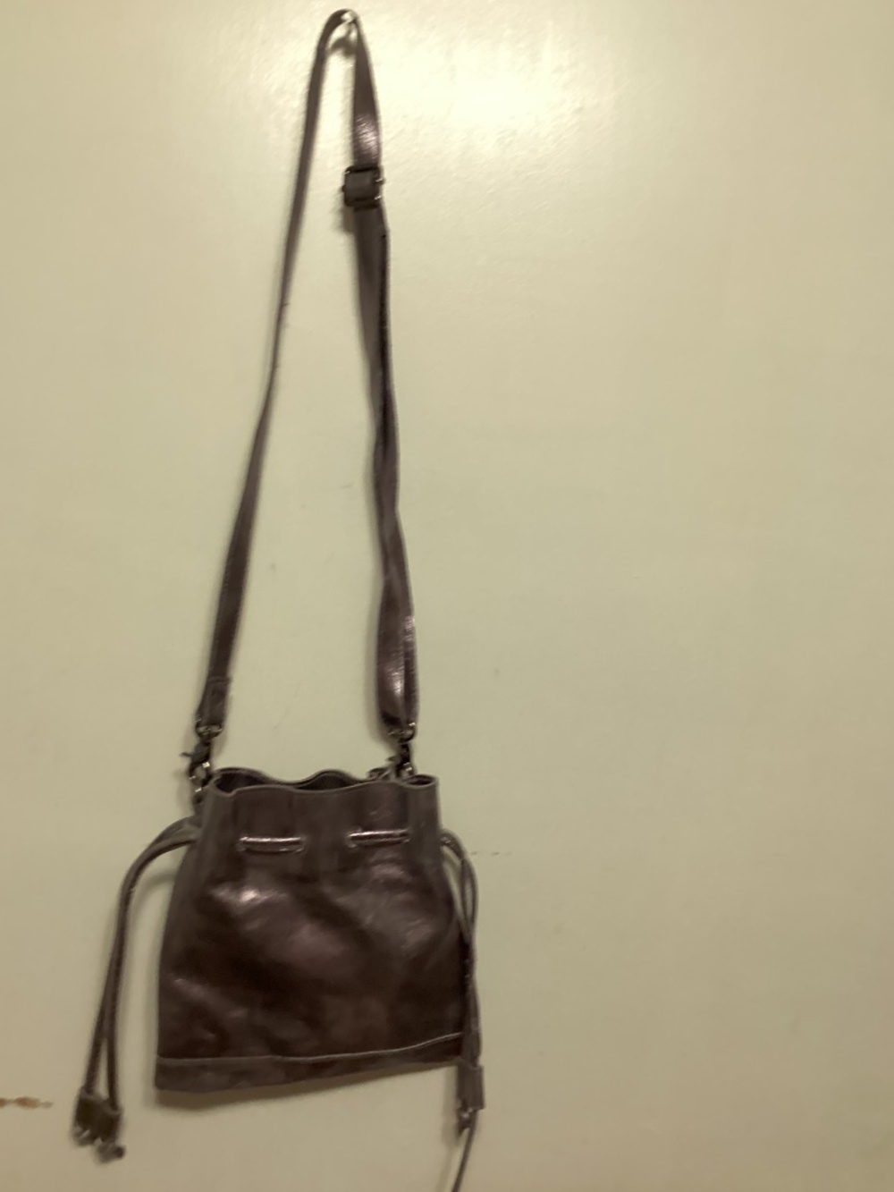 Free People pewter shiny with pull string hobo with shoulder strap
